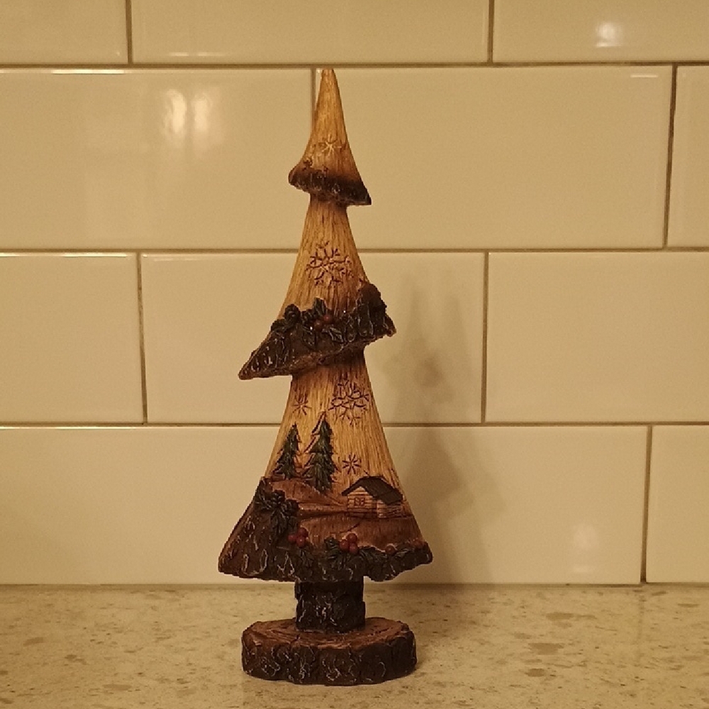 Rustic Carved Brown Holiday Tree Decor With Cabin, Snowflakes, Holly.